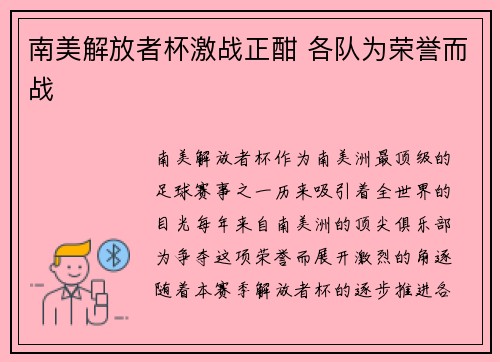 南美解放者杯激战正酣 各队为荣誉而战