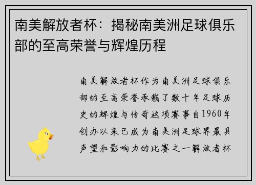 南美解放者杯：揭秘南美洲足球俱乐部的至高荣誉与辉煌历程